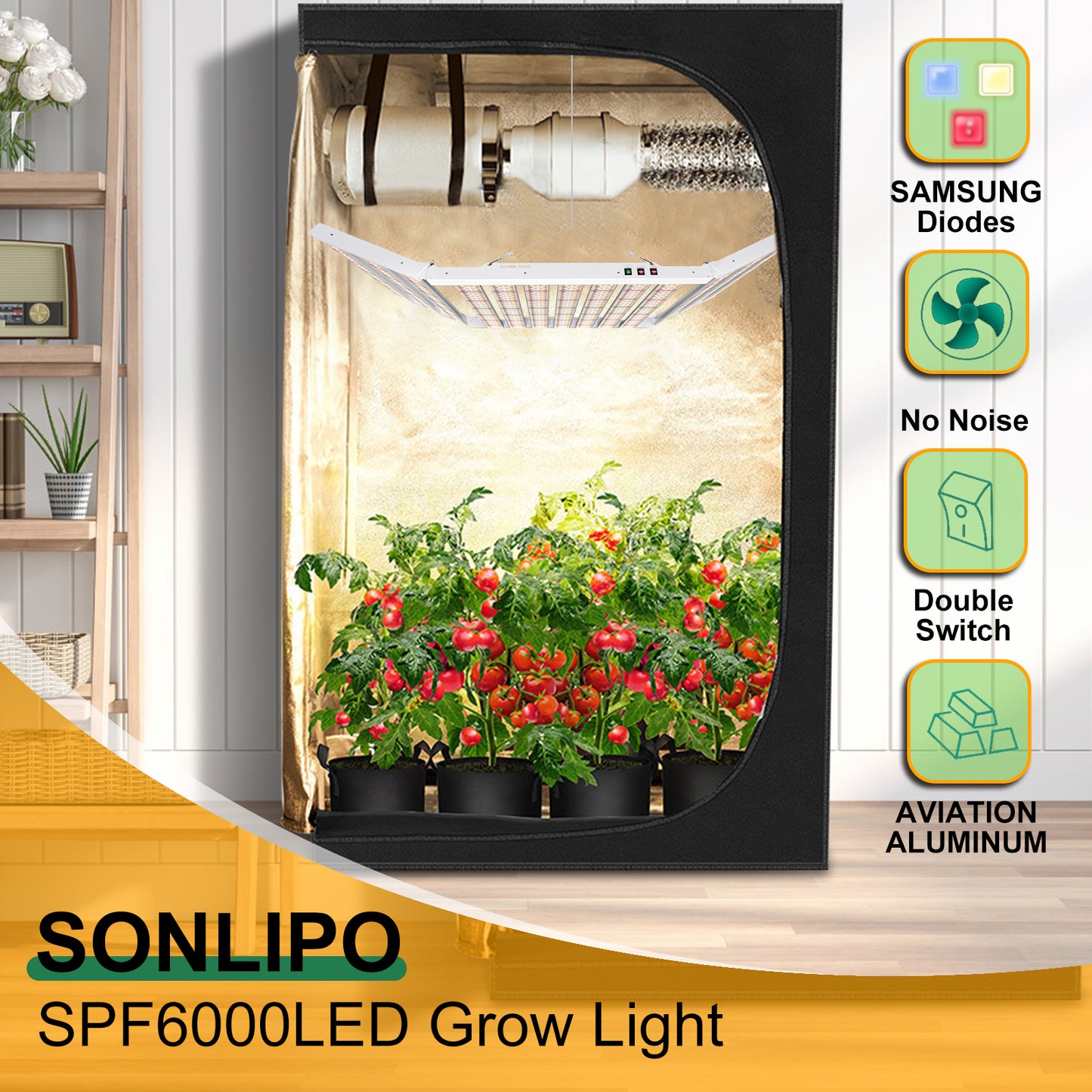 Sonlipo SFP6000 LED Grow Light 600W 6x6ft Coverage, 1911pcs Diodes Sunlike Full Spectrum Veg Bloom Switch Growing Lamps