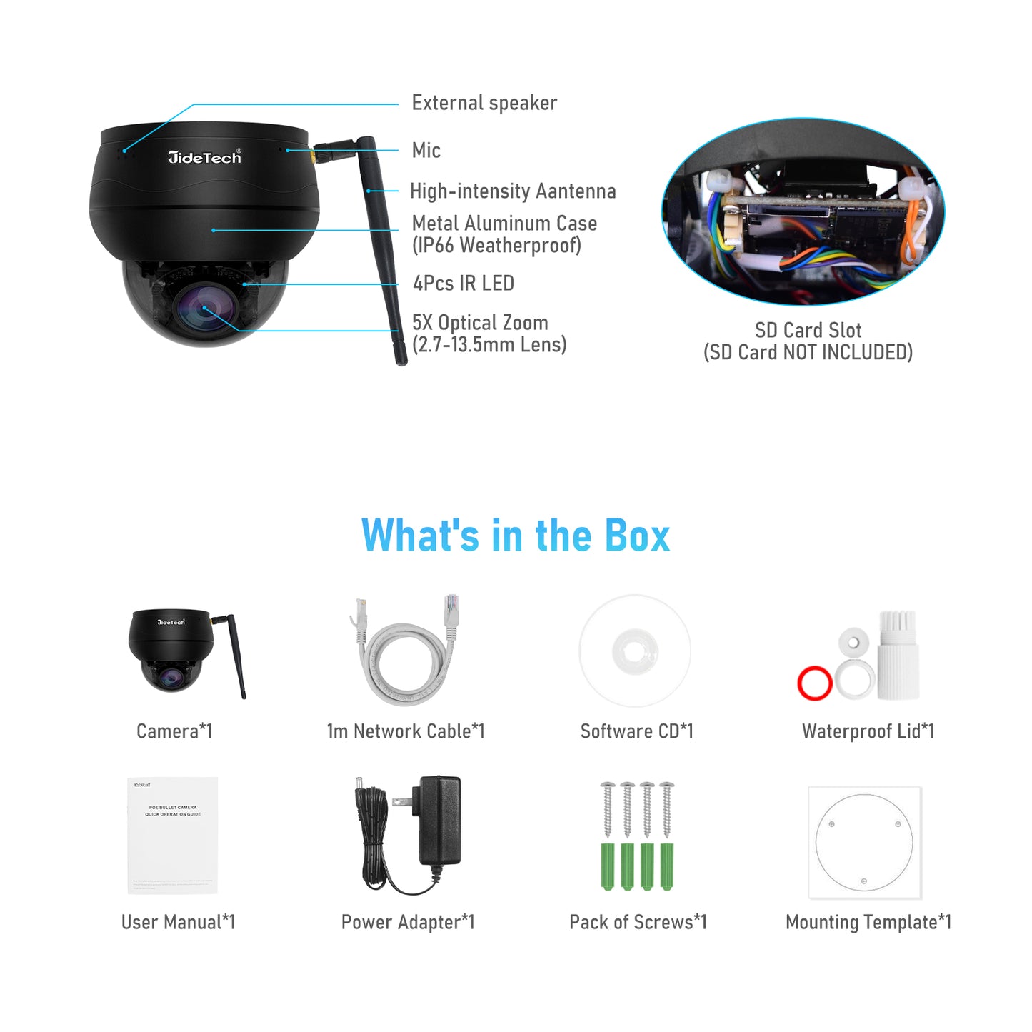 JideTech 5X 5MP Wi-Fi 2.5-inch Metal PTZ Camera (P1 Plus-5X-5MPWB)