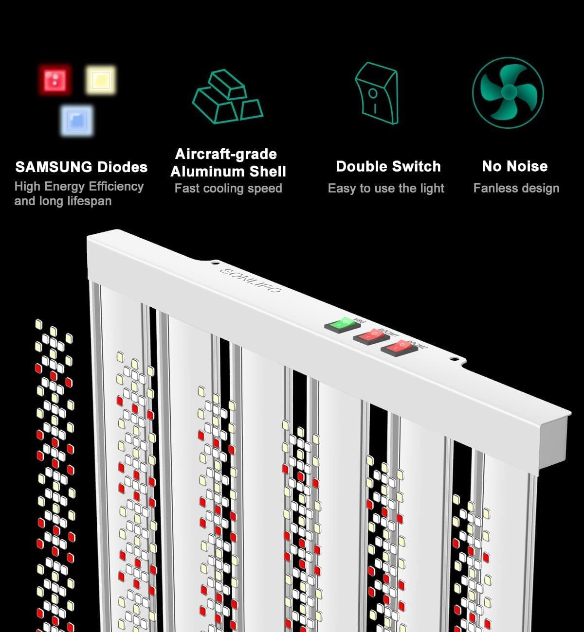 Sonlipo SPF2000 LED Grow Light 200W 4x4ft Coverage, Use 882pcs Samsung Diodes Sunlike Full Spectrum Veg Bloom Switch Growing Lamps