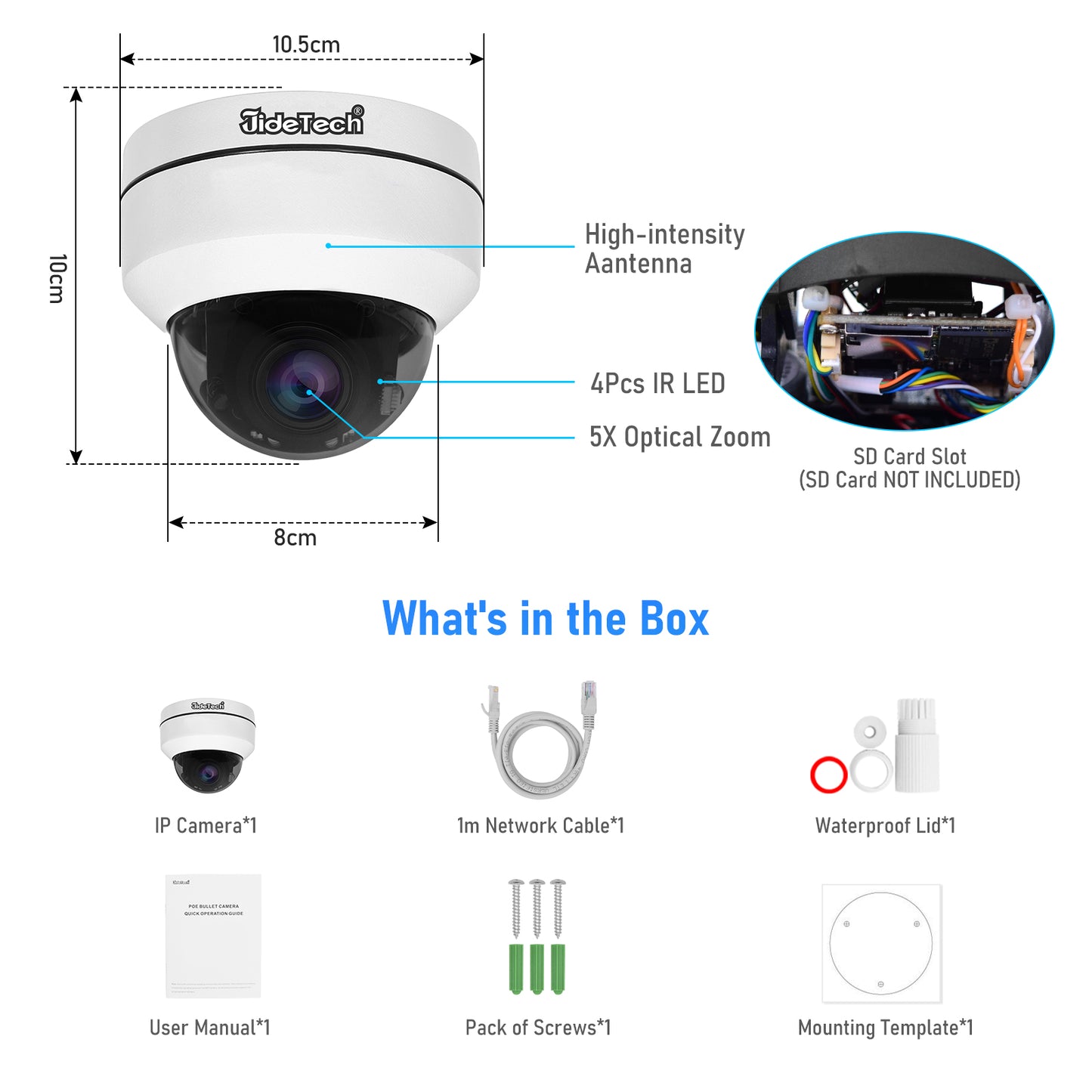 JideTech 5MP 5X Zoom PTZ PoE Camera Camhipro APP (P1-5X-5MP)