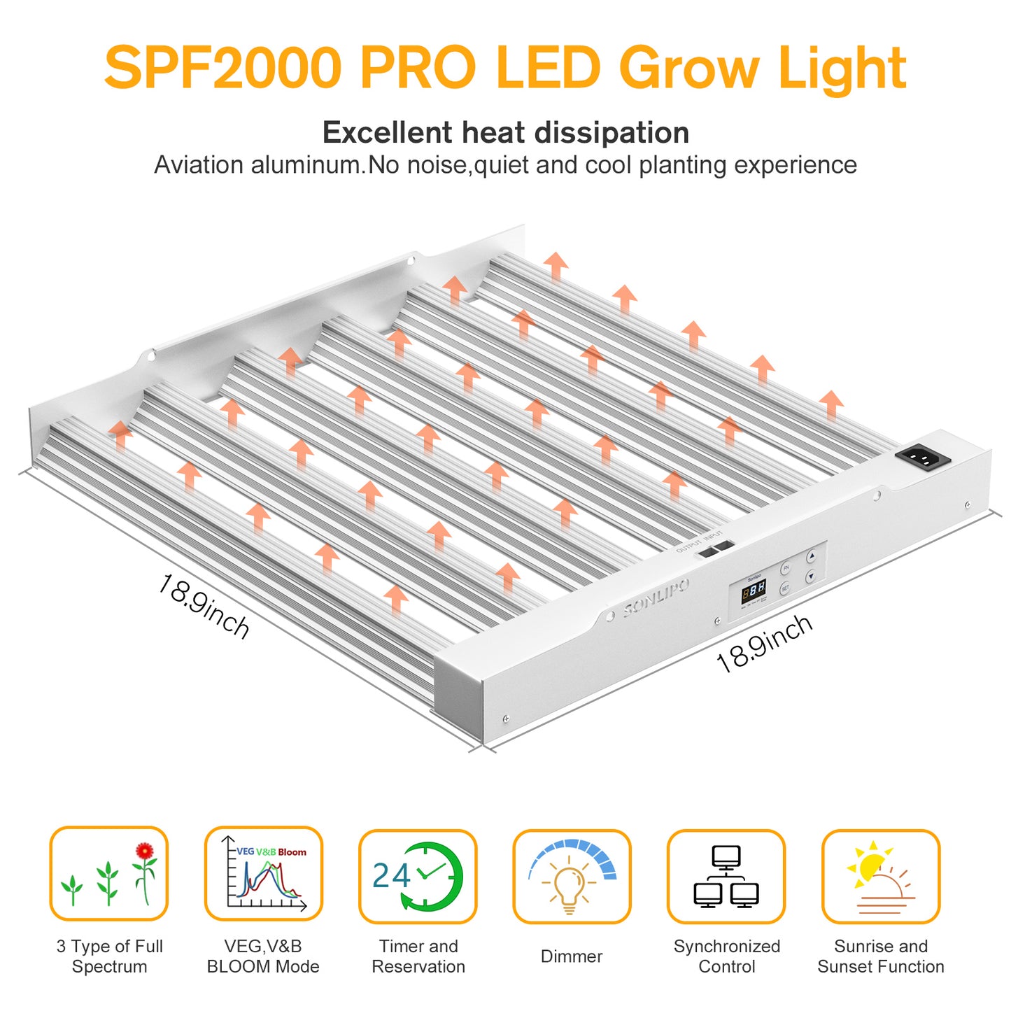 Sonlipo SPF2000 PRO LED Grow Light 200W with Full Spectrum Veg & Bloom Dimmer Timer - 4x4ft Coverage