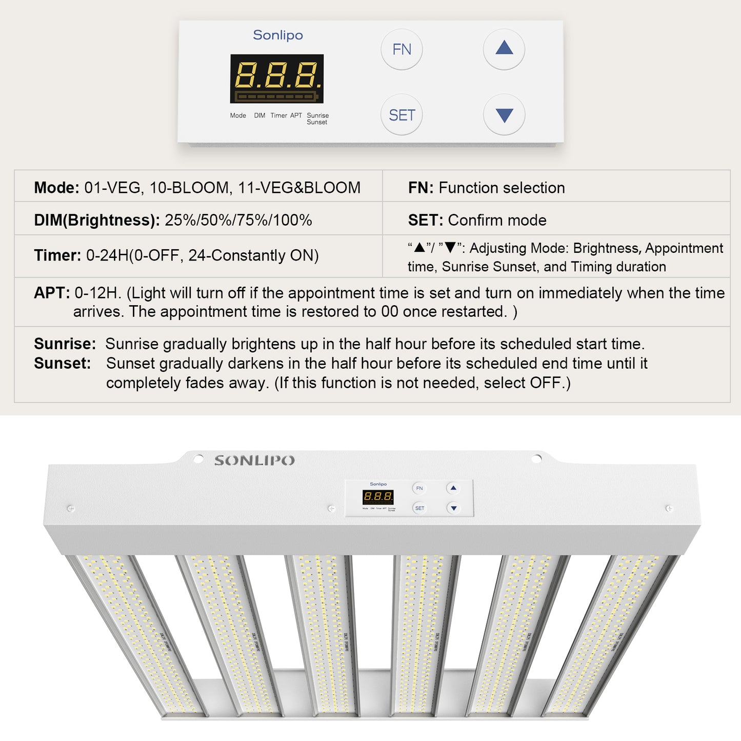 Sonlipo SPF2000 PRO LED Grow Light 200W with Full Spectrum Veg & Bloom Dimmer Timer - 4x4ft Coverage