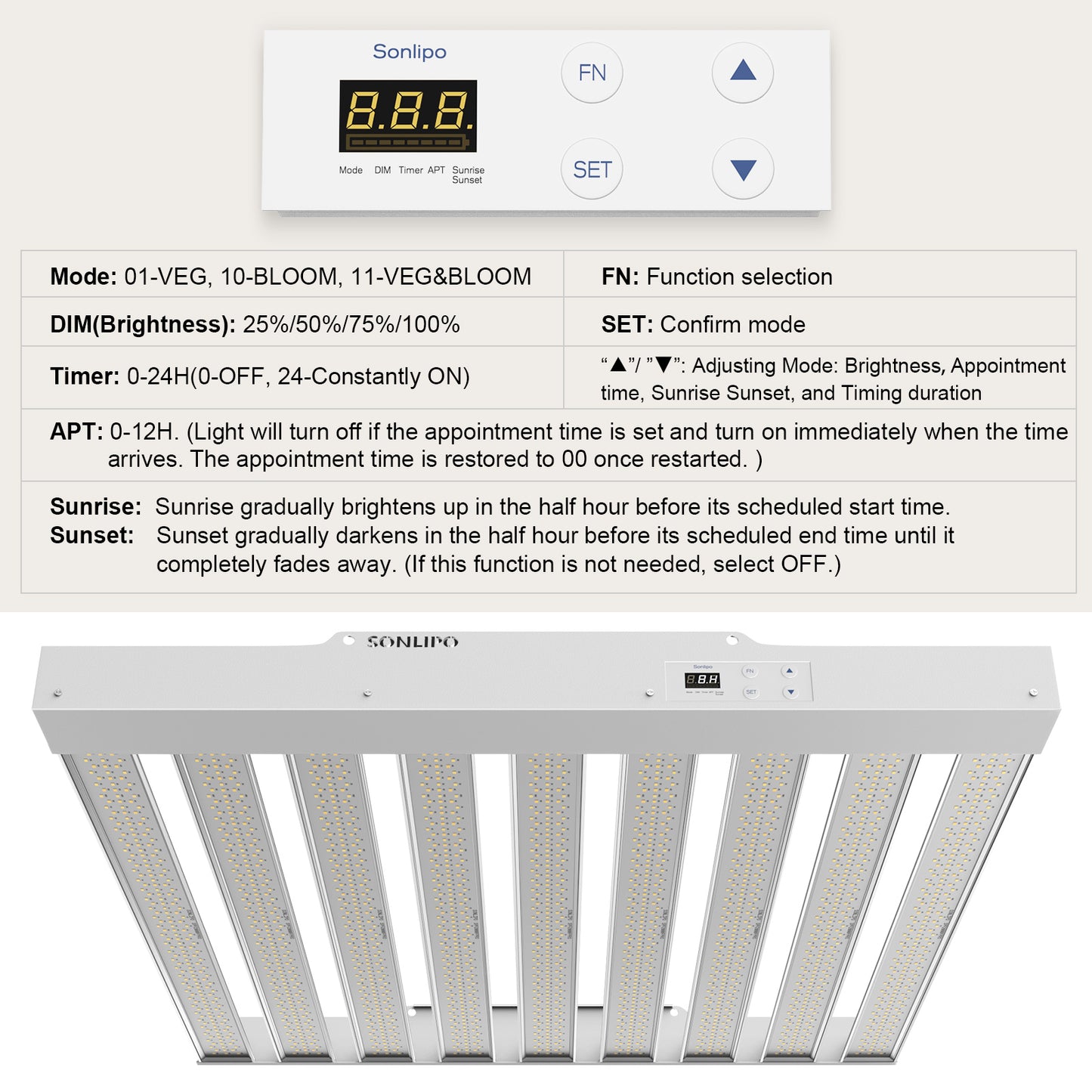 Sonlipo SPF4000PRO LED Grow Light 400W with Full Spectrum Veg & Bloom Dimmer Timer - 5x5ft Coverage